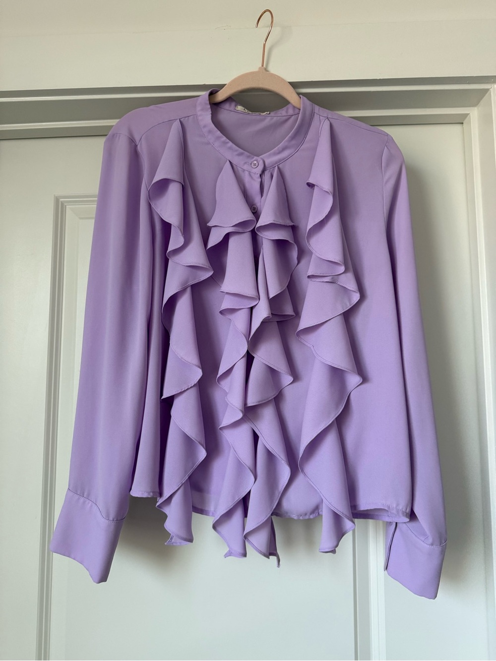 Lavender Ruffle Front Long-Sleeve Blouse